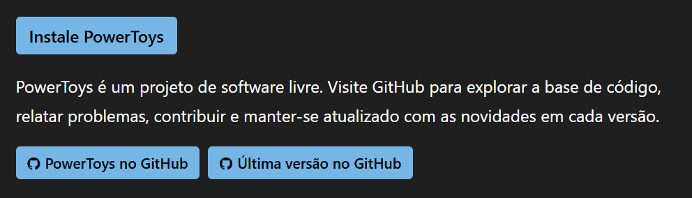 Página oficial do Microsoft PowerToys com opções de instalação e download