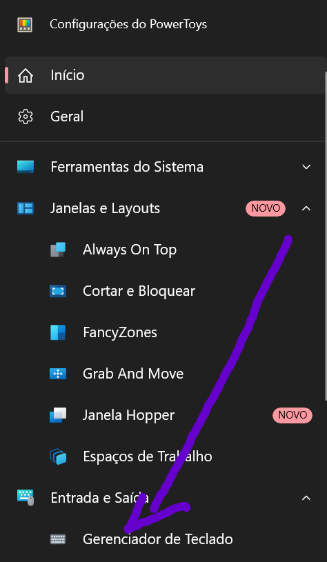 Tela inicial do programa PowerToys