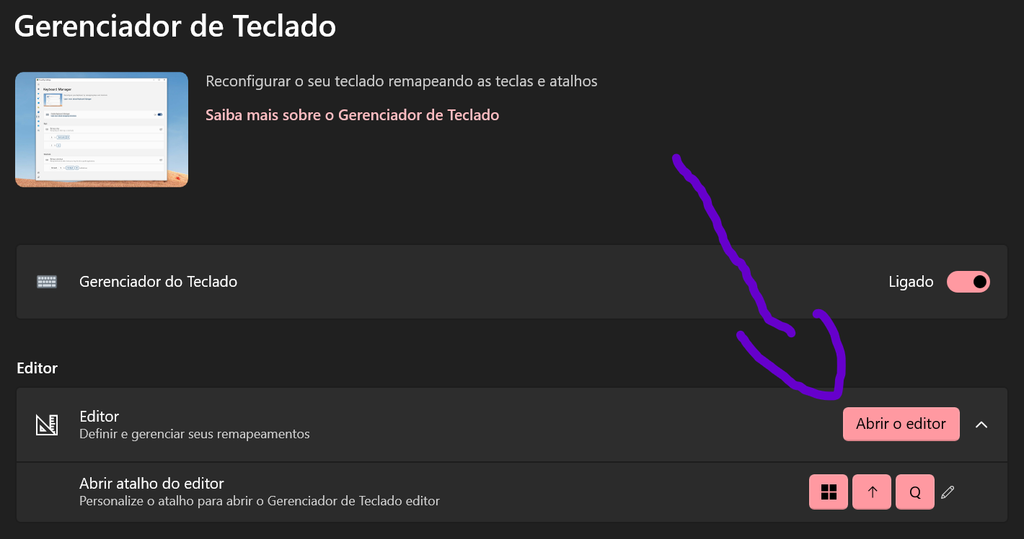Tela de Gerenciador de Teclado do PowerToys